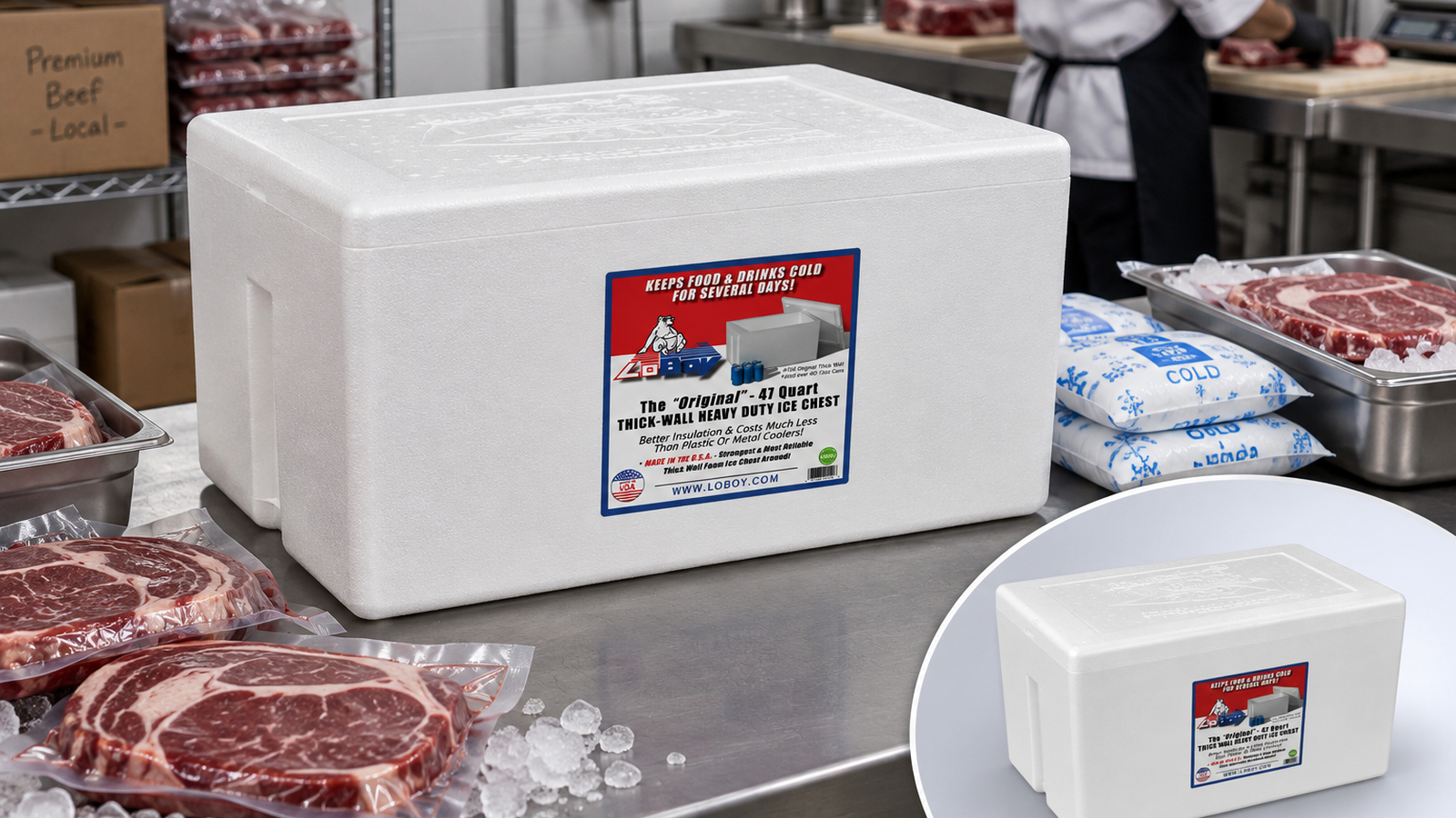 LoBoy #104 Original 47-quart thick-wall Styrofoam cooler in a commercial food-service environment.