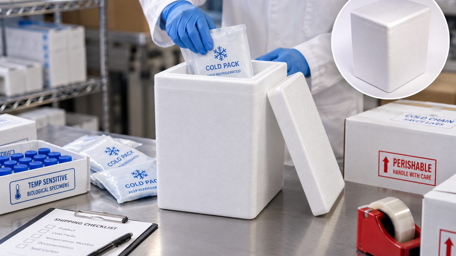 LoBoy #206 27.5-quart Styrofoam shipping cooler in a commercial cold-chain packing environment.
