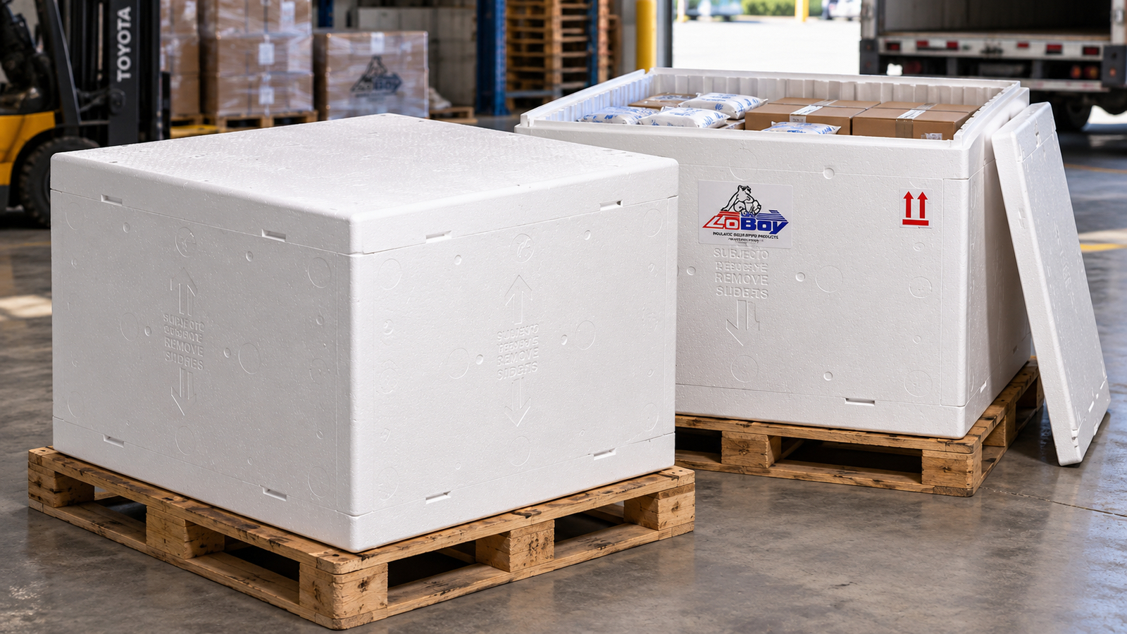 LoBoy Gaylord-sized insulated SuperCube shipping boxes on pallets in a commercial warehouse and freight environment.