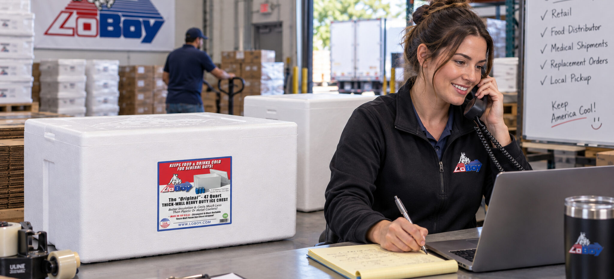 LoBoy Styrofoam cooler supplier support in a commercial packing and fulfillment environment.